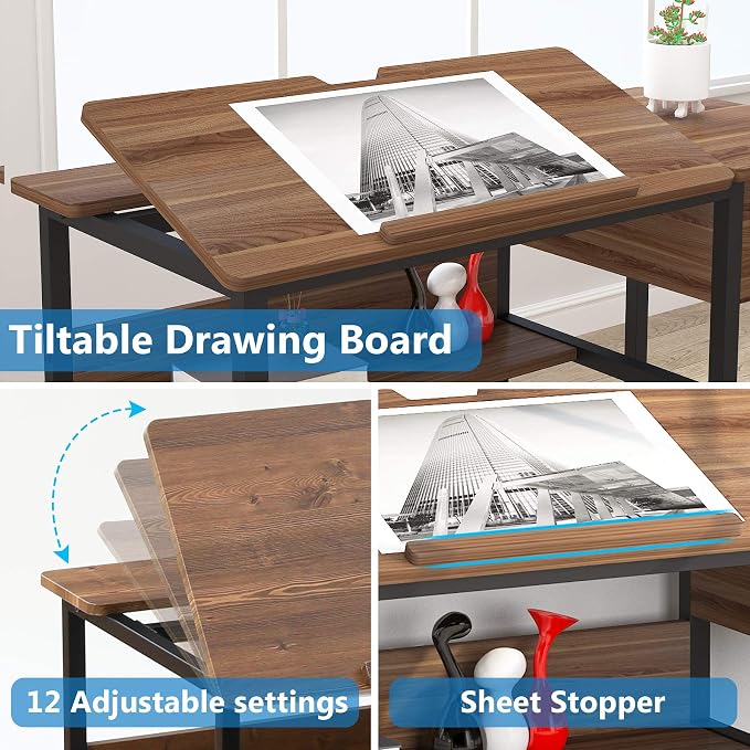 Tribesigns Drafting Table with Storage Drawers, Drawing Computer Desk Artist Craft Table Painting Desk Workstation with Shelves and Tiltable Tabletop for Students, Home Office - Image 6