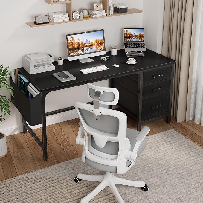 Lufeiya Computer Desk with Fabric File Drawers Cabinet, 55 Inch Reversible Home Office Desks with Filing Cabinet, Study Writing Table PC Desks with Storage for Bedroom, Black - Image 2