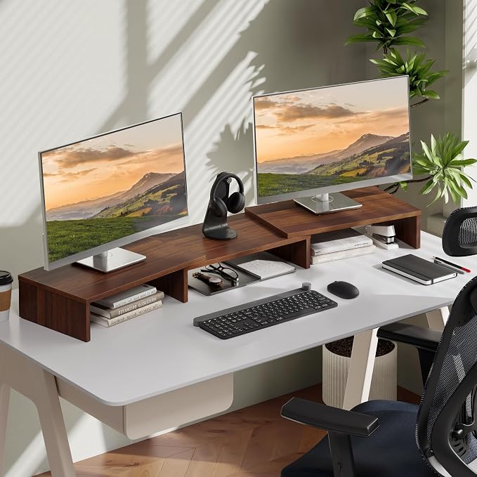 FITUEYES Dual Monitor Stand Riser, Adjustable Length and Angle, Brown | Wooden 3-Shelf Design, Supports up to 55lbs, Flexible for Standard Corner Space, Holds Monitor, Laptop, Phone, Printer - Image 7