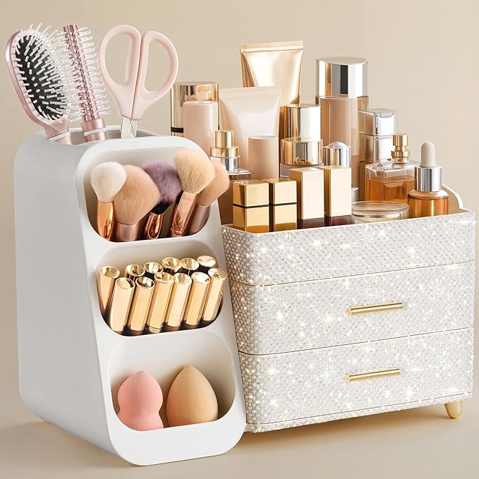 HBlife Makeup Organizer with Brush Holder for Vanity, Large Plastic Bathroom Countertop Organizer Skin Care Storage, Easy to Store Nail Polishes, Perfumes, Eyeshadow Palettes, Pearl All White by HBlife