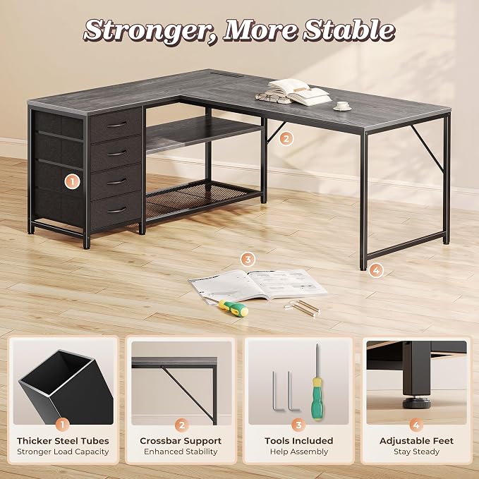 PRAISUN 53" L Shaped Desk with Power Outlets & USB-C Port, Reversible Computer Corner Office Desk with 4 Fabric Drawers and 2 Storage Shelves, Large Desk for Gaming Writing Work Study, Grey - Image 8