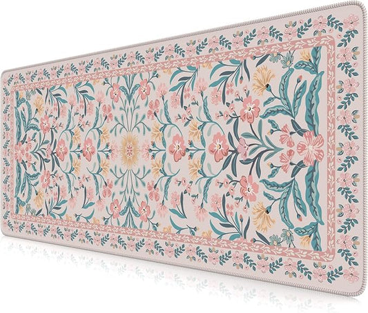 iCasso Aesthetic Desk Mat,31.5x11.8in Mouse Pads, Pink Floral | Anti-Slip Mousepad with Stitched Edges, Waterproof Computer Pad , Desk Accessories Office Decor for Women by iCasso
