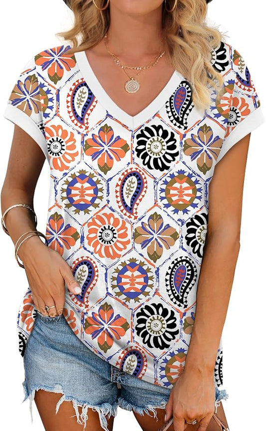 WIHOLL Womens Summer Tops 2026 Cap Short Sleeve Shirs V Neck T Shirts Fashion Beach Vacation Clothes Color Block by WIHOLL