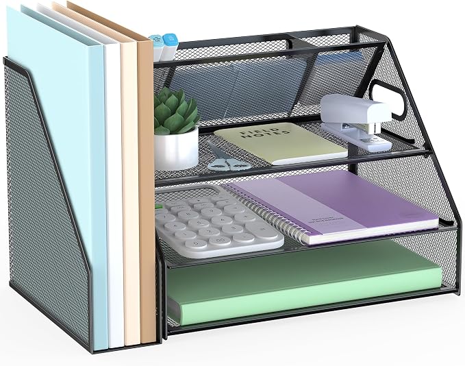 Docnest 3 Tier Desk Organizer with File Holder & Pen Holder, Black | Features 3 built-in pen holders with removable dividers. Space-saving mesh storage for office mail, files & stationery by DocNest