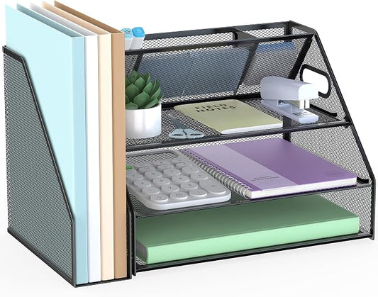 Docnest 3 Tier Desk Organizer with File Holder & Pen Holder, Black | Features 3 built-in pen holders with removable dividers. Space-saving mesh storage for office mail, files & stationery by DocNest