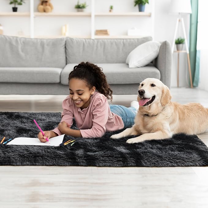 Tepook Fluffy Runner Rugs for Bedroom Aesthetic 2x6 Feet, Shag Soft Bedside Rug with Non-Slip Bottom, Fuzzy Plush Carpet for Room, Hallway Rug for Nursery Dorm Indoor Home Decor, Tie-dye Dark Grey - Image 9