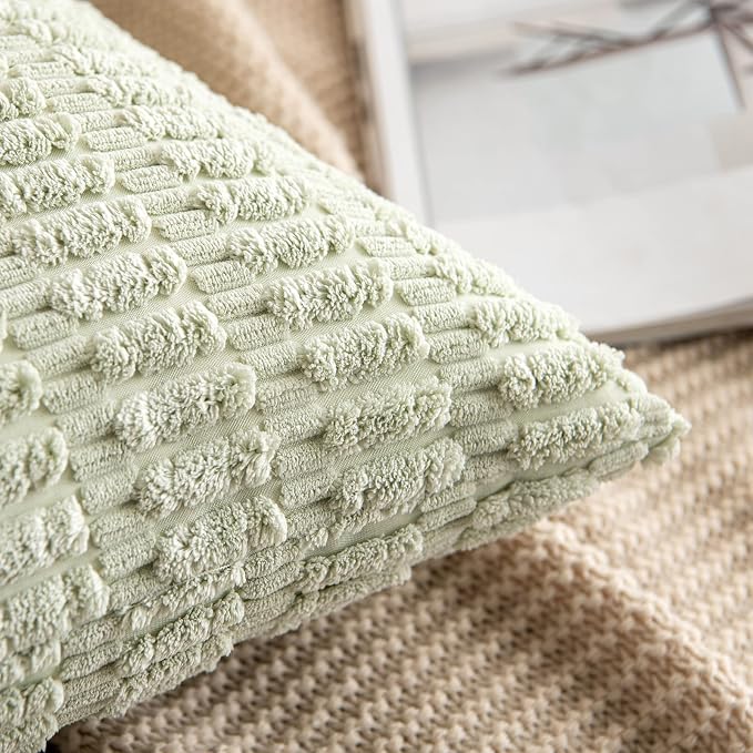 MIULEE Pack of 2 Spring Corduroy Decorative Throw Pillow Covers 18x18 Inch Soft Boho Striped Pillow Covers Modern Farmhouse Home Decor for Summer Sofa Living Room Couch Bed Light Green - Image 3