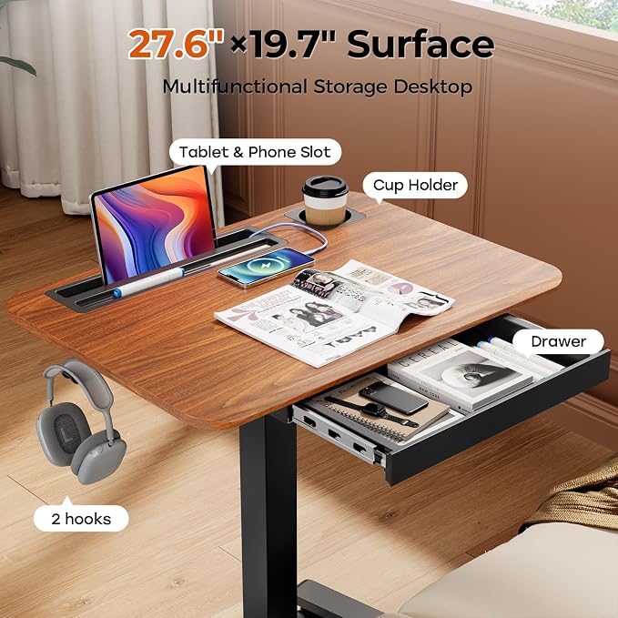 28" Mobile Standing Desk with Drawer, Portable Laptop Desk | Rolling Desk with Cup Holder and Hooks, Height Adjustable Computer Cart with Storage, Lockable & Hidden Wheels, Dark Wood - Image 3