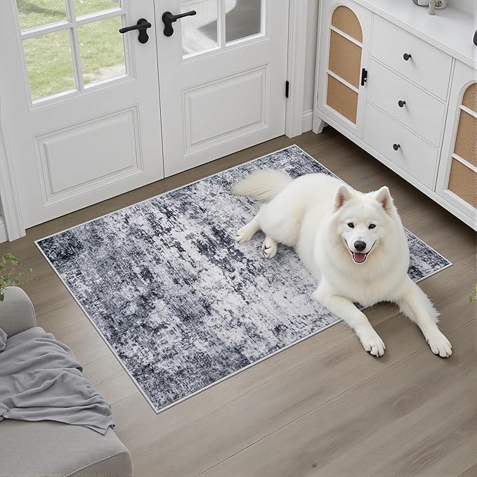 Washable Area Rug 2x3 Entryway Rug: Washable Modern Abstract Soft Thin Rug Indoor Floor No Slip Stain Resistant Carpet for Bedroom Dining Room Farmhouse Nursery Home Office - Grey - Image 2