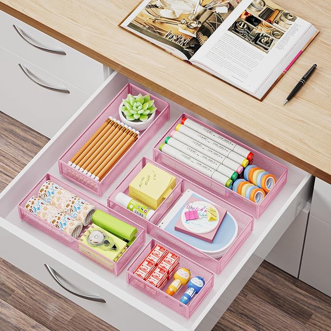 Marbrasse 5 Pack Desk Drawer Organizer Set, Mesh Drawer Storage Trays with 1 Adjustable Divider, Desk Organizers and Accessories, 5 PCS Drawer for Office Supplies, Makeup & Vanity (Pink) - Image 6