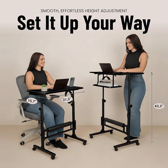 Small Rolling Desk with Wheels, Adjustable Height 27"-43.3" Portable Standing Desk, 31.5"x15.7" Tabletop, Mobile Laptop Computer Table for Home Office Workstation, Black - Image 3