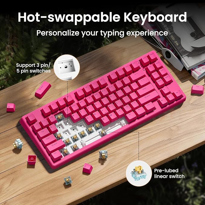 Kisnt KN85 Wireless Silent Mechanical Keyboard, 75% Layout, Bluetooth/2.4GHz/USB-C, Custom RGB Backlit, Hot Swappable, Quiet Typing for Windows/Mac/PC (Berry Red) - Image 5