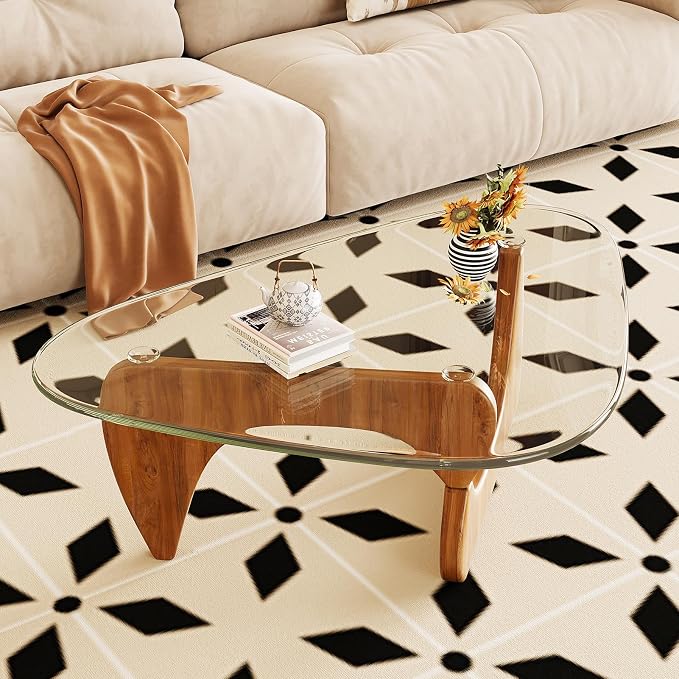 Coffee Table for Living Room Mid Century Modern Center Table with Glass Top and Wood,36 Inch, Transparent/Walnut - Image 8