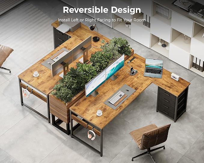 AODK 61" L Shaped Gaming Desk with 4 Drawers and Power Outlets, Vintage | USB Ports, PC Tower Stand, Hooks, Reversible Corner Layout for Gaming Rooms, Bedrooms and Home Office - Image 8