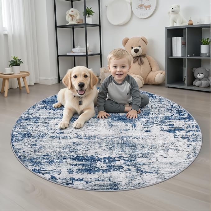 Round Area Rug for Living Room: 5 ft Washable Modern Abstract Soft Thin Rug Indoor Floor No Slip Stain Resistant Carpet for Bedroom Dining Room Farmhouse Nursery Home Office - Blue - Image 2