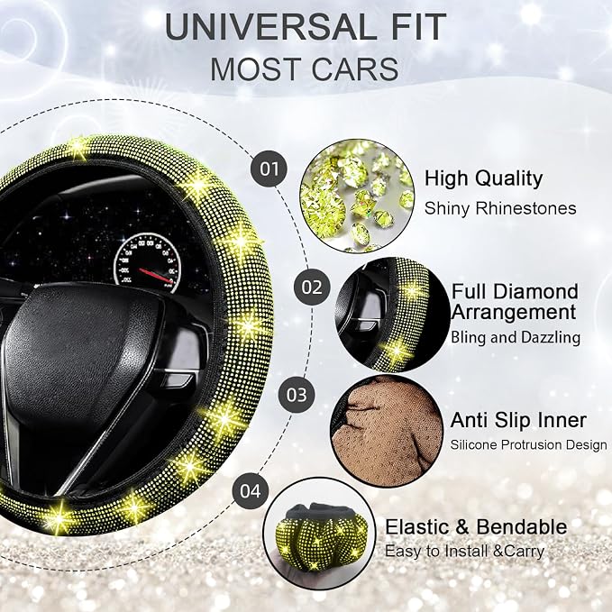 NBTEPEM 27 PCs Yellow Bling Car Accessories Set for Women, Steering Wheel Covers Universal Fit 15 Inch, Bling License Plate Frame, Bling Phone Holder, Bling Car Coasters (Yellow Diamond) - Image 4