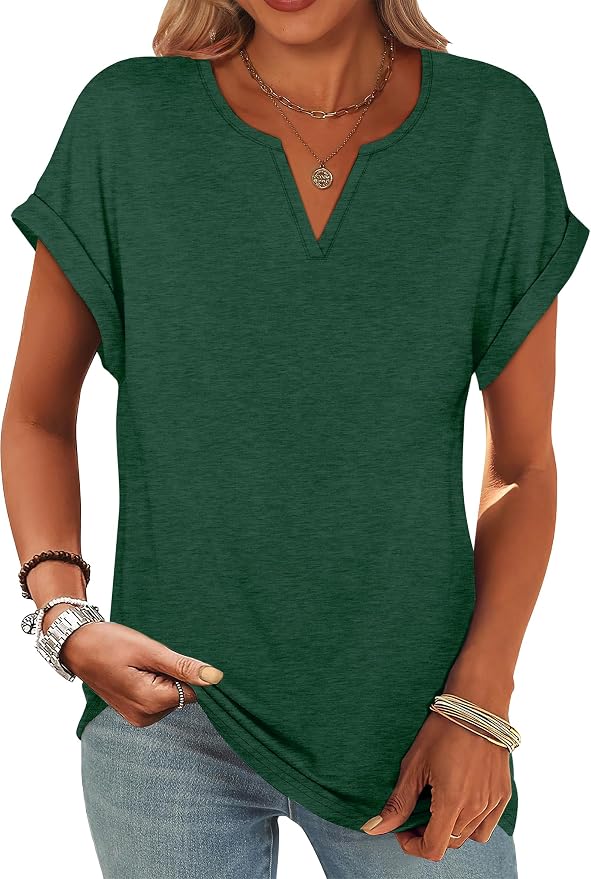 Womens Tops Dressy Casual V Neck Rolled Sleeve T Shirts Fashion Clothing Business Casual Outfits Beach Vacation Clothes - Image 2