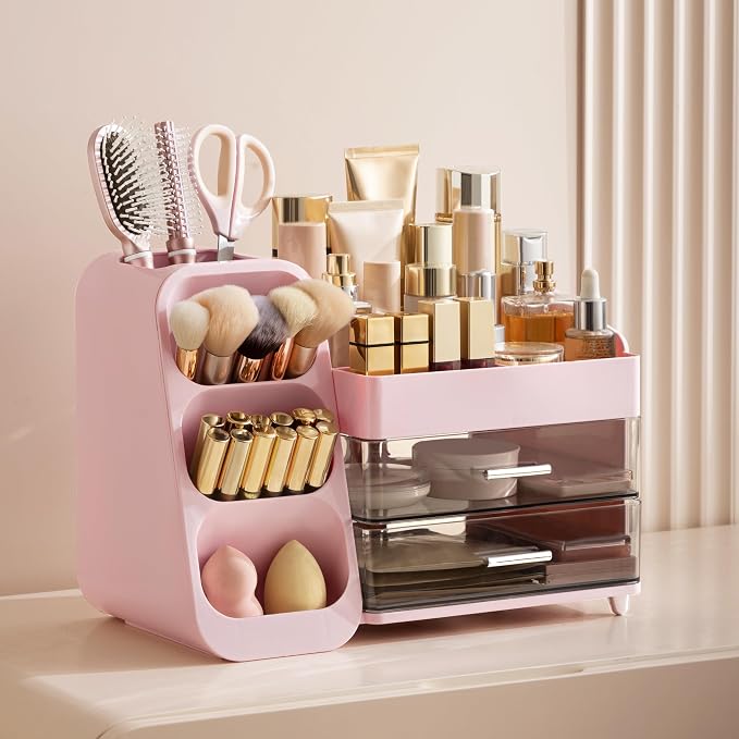 HBlife Makeup Organizer with Brush Holder for Vanity, Large Plastic Bathroom Countertop Organizer Skin Care Storage, Easy to Store Lipsticks, Nail Polishes, Perfumes, Eyeshadow Palettes, Pink - Image 2