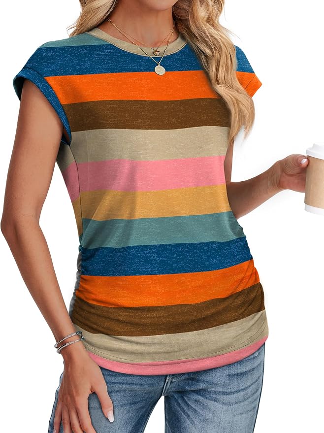 Sampeel Womens Summer Tops Trendy 2026 Ruched Cap Short Sleeve Tshirts Shirts Crew Neck T Shirts Fashion - Image 3