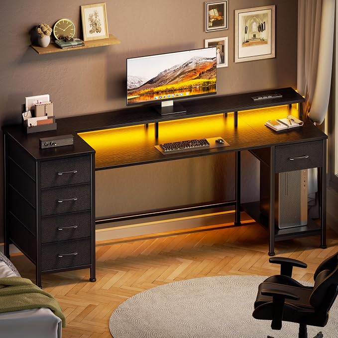 Korfile 61 Inch Gaming Computer Desk with Power Outlets,LED,5 Drawers,Black | For gaming and working,built-in power outlets and LED lights,5 fabric storage drawers, ffits 61-inch, monitor stand,black - Image 5
