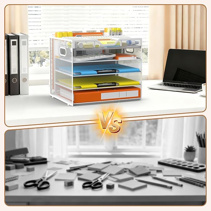 Docnest 5 Tier Desk Organizer with Hanging File Folder Holder&Tray, White | Features 3 detachable pen holders and 4 removable dividers.Versatile mesh desktop storage for mail, document,office supplie - Image 5