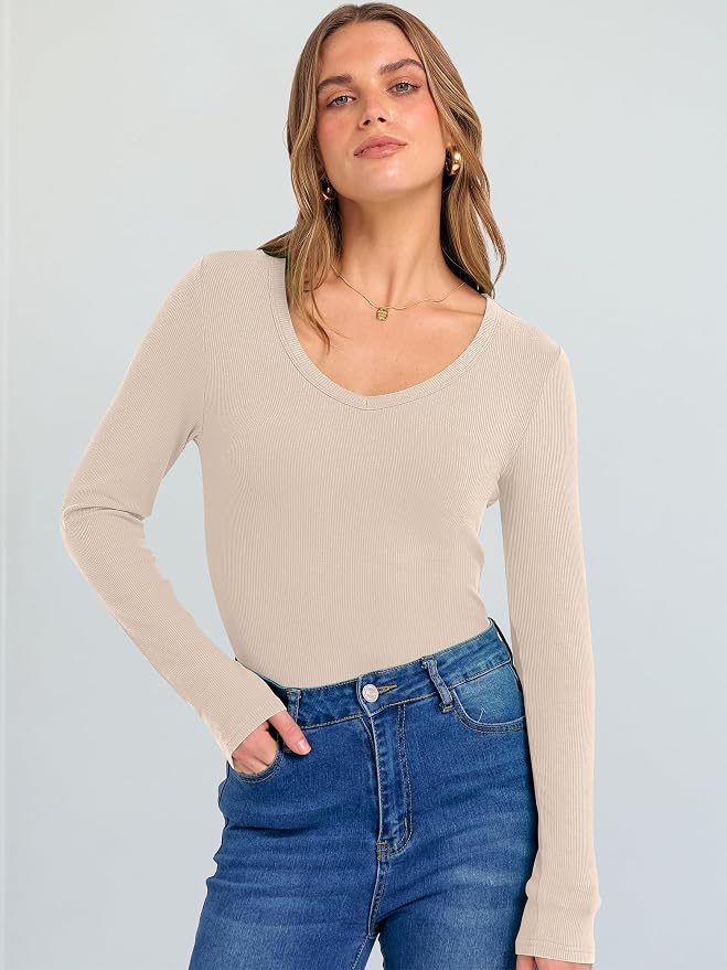 ANRABESS Long Sleeve V Neck Shirts for Women | Soft Comfy Ribbed Knit Fitted Tshirts, Casual Going Out Tops, 2026 Trendy Basic, Fall Winter Underscrub Layering Clothes - Image 2