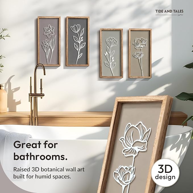 3D Wooden Floral Bathroom Wall Decor (Set of 4) Lightweight, Ready-to-Hang Framed Wall Art For Living Room, Bedroom, or Office - Premium Boho Botanical Farmhouse Decorations - Gift-Boxed - Image 4