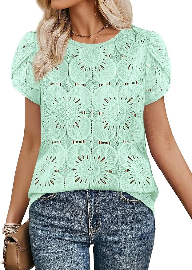 OFEEFAN Blouses for Women Dressy Casual Petal Short Sleeve Shirts Crochet Lace Boho Tops Spring Fashion Summer Outfits - Image 2