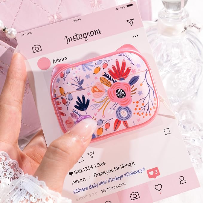 for AirPods Pro 2 Case with Cleaning Kit, Cute Cat Ear Print Design & Cute Buckle for Girls, Phone Holder & Top Safe Lock Buckle Design for AirPods Pro 2nd/1st Gen case, Pink Flower - Image 4