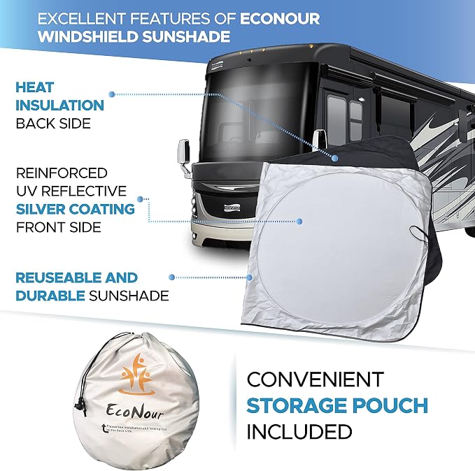 EcoNour RV Windshield Sunshade | Reflective RV Windshield Cover for UV Rays & Heat Protection, Keeps Your RV Motorhome Cool | Shades for RV Fits RVs, Trucks, Motorhomes, Buses | XXXXX-Large 102"x51" - Image 9