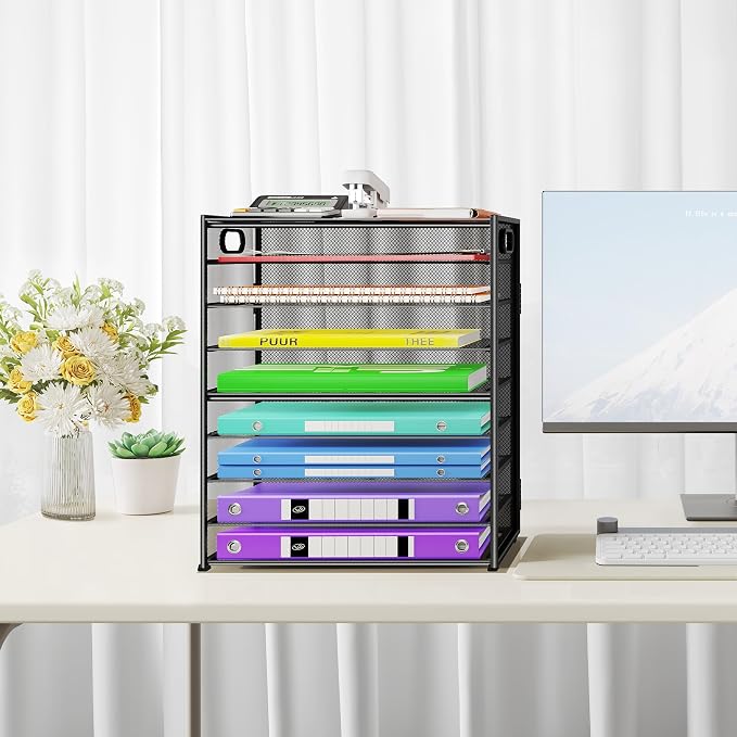 Cawukege 9 Tier Paper Organizer with Handle, 2 Pack Large Capacity Desk Organizer Mesh Paper Letter Tray File Folder Document Sorter for Classroom and Office Accessories Organization- Black - Image 6