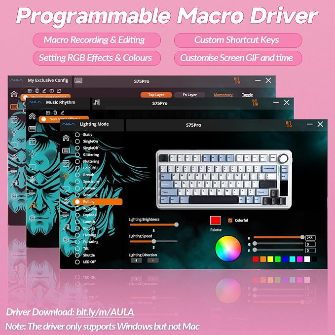 AULA S75 PRO Wireless Mechanical Keyboard with Screen&Knob, Tri-Mode Hot Swappable Gaming Keyboard 75%, Pre-lubed Switches, RGB Backlit, Side Printed PBT Keycaps, Creamy Sounding Pink Keyboards - Image 7