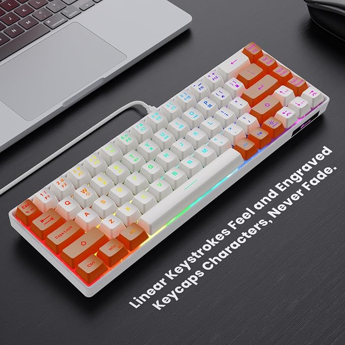 GEODMAER 65% Gaming Keyboard, LED Backlit Mini Wired Keyboard, Ultra-Compact Anti-Ghosting No-Conflict 68 Keys Membrane Gaming Wired Keyboard for PC Laptop Windows Gamer(White-Orange) - Image 2