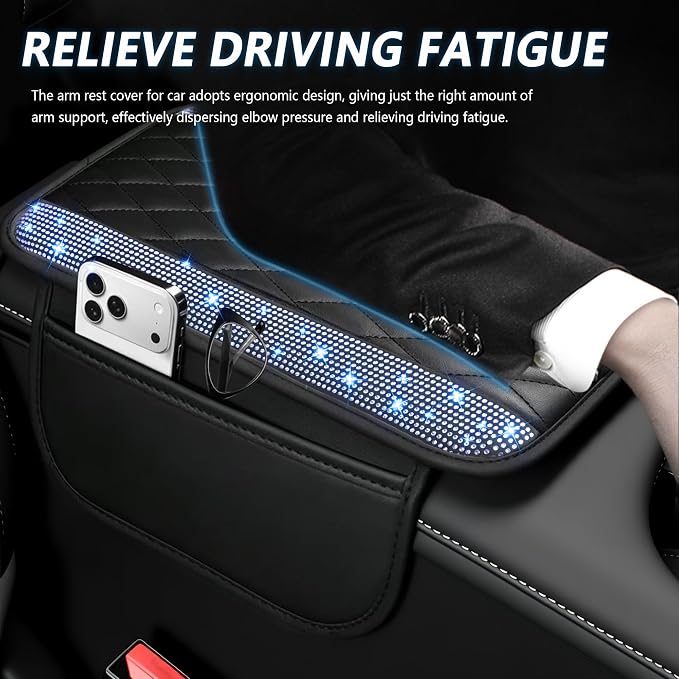 Stacool Upgraded Car Center Console Cover with Rhinestones,Microfiber Leather Car Armrest Cover Cushion with 2 Storage Bags,Universal Cars Armrest Storage Box as Cars Interior Accessories - Image 4