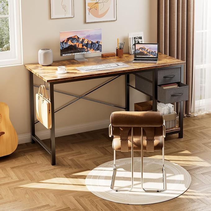 Sweetcrispy 47-Inch Computer Desk with Drawers, Office Desk, Brown | Small Desk for Bedroom Home Office with Side Hook, Modern Simple desk with storage for Writing - Image 2