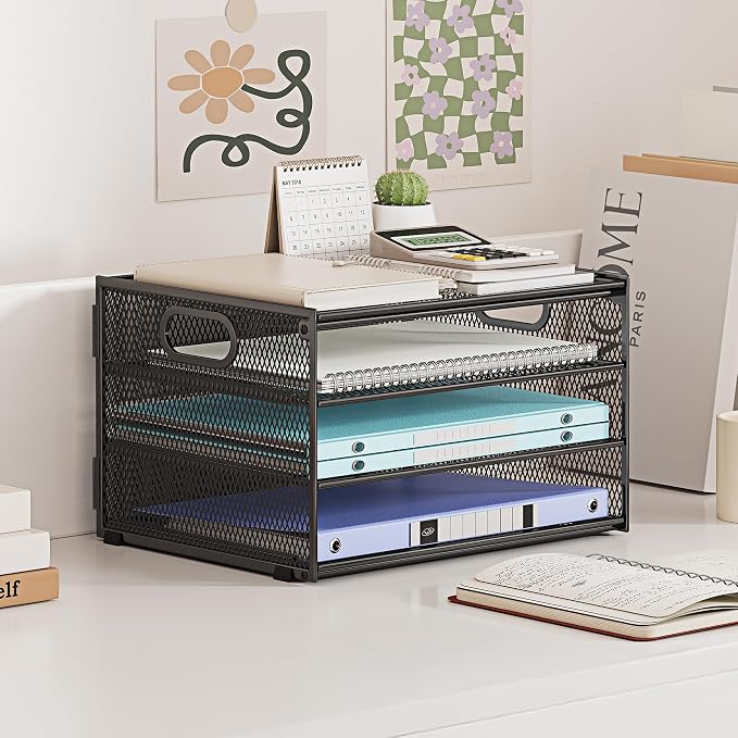 Subekyu Paper Letter Tray Organizer for Desk, Black Metal Mesh Desk File Sorter Organizer with Handle and 2 Sliding Trays for Home Office School Supplies Organization - Image 5