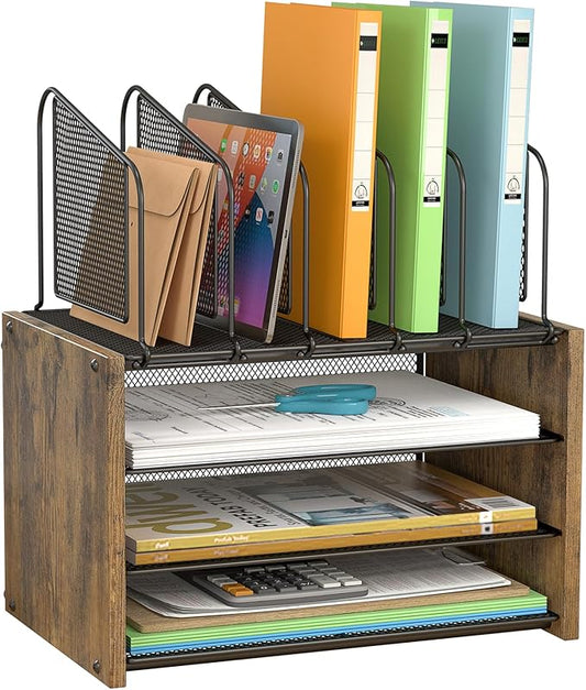 4-Tier Desk Organizer, Desk File Organizer with 5 Vertical File Holders, Office Desktop Organizer with 3 Level Paper Organizer Letter Tray, Wooden Desk Organizers and Accessories for Home Office by DAOUTIME