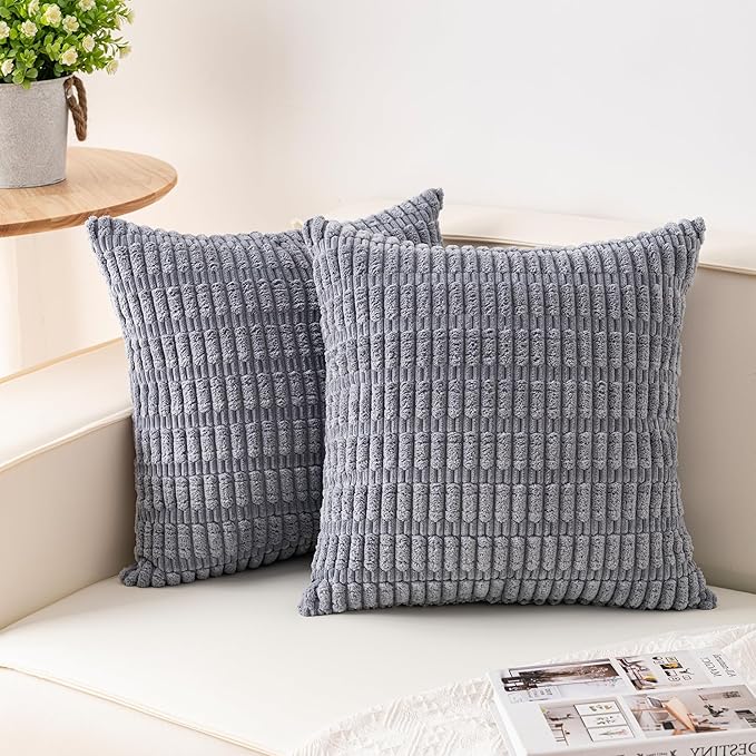 Aegero Pack of 2 Corduroy Decorative Throw Pillow Covers 16x16 Inch Soft Striped Pillow Covers Modern Farmhouse Home Decor for Sofa Living Room Couch Bed（Light Grey） by Unknown