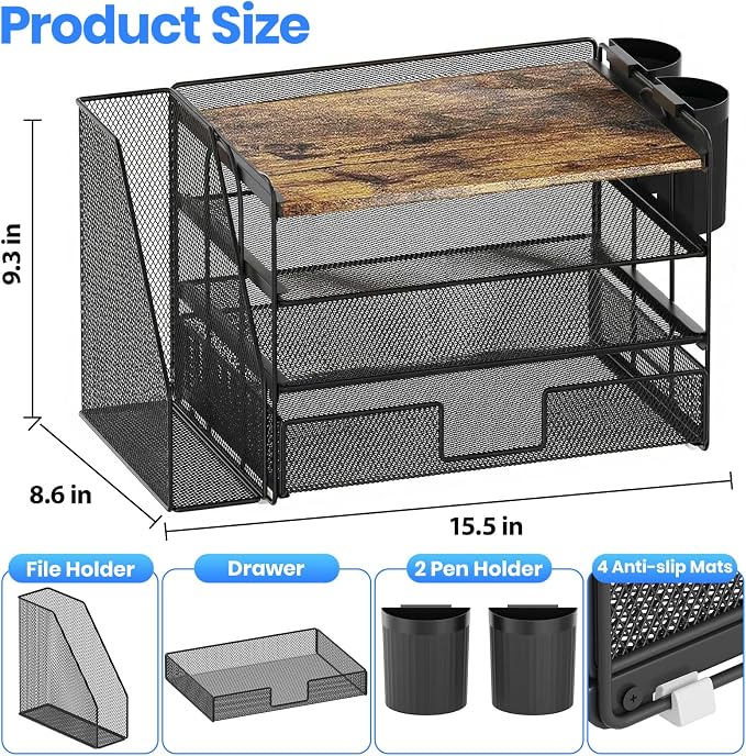 OPNICE Desk Organizer, 4-Tier Desktop File Organizer with Drawer and Pen Holders, Office Desk Accessories, File Sorters, Workspace Organizers for Office Supplies(Wood) - Image 3