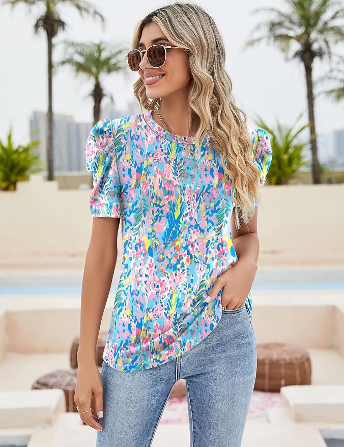 Ivicoer Puff Short Sleeve Shirt for Women Eyelet Tops Summer Crewneck Blouse Loose Fit S-XXL - Image 3