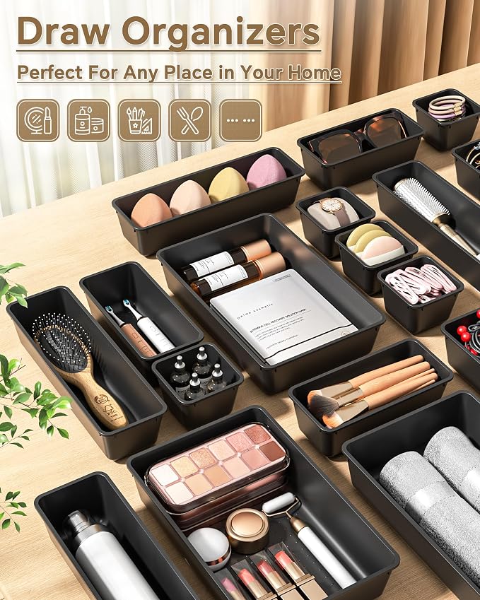 KEMETHY 25 PCS Plastic Drawer Organizers Set, 4 Sizes Vanity Organizer | Makeup and Desk Drawer Organizer Trays, Organization and Storage for Makeup, Bathroom, Kitchen Utensils and Office (Black) - Image 6