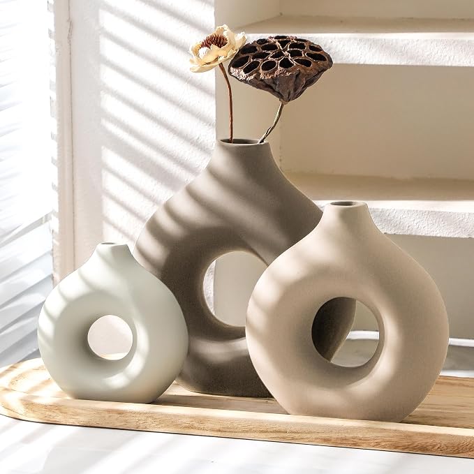 Vanselia Ceramic Vase Home Table Decor - Flower Vases Set of 3 Small Living Room Centerpiece Decorations for Shelf Bedroom Office Kitchen Dining Desk Modern Aesthetic Farmhouse Decorative (Farmhouse) - Image 6