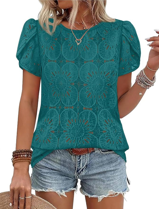 OFEEFAN Blouses for Women Dressy Casual Petal Short Sleeve Shirts Crochet Lace Boho Tops Spring Fashion Summer Outfits by OFEEFAN