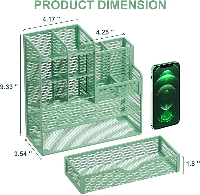 Marbrasse Mesh Pen Holder for Desk, Multi-Functional Pencil Organizer with Drawer, Desk Organizers and Accessories for Office Art Supplies (Green) - Image 5