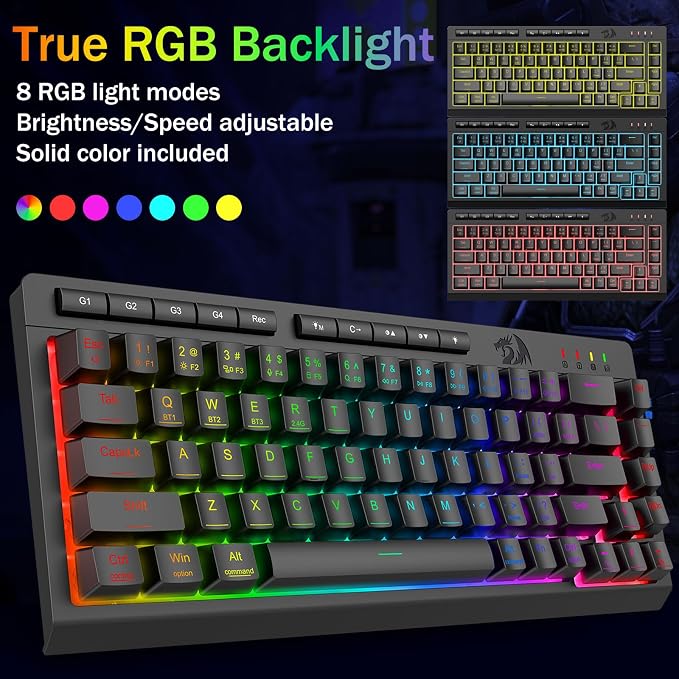 Redragon Wireless Gaming Keyboard, RGB Backlit, Portable 60% Design, Black | Bluetooth/2.4GHz/USB-C Wired, Mini Quiet Macro Membrane Keyboard, Rechargeable 4000mAh Battery, Anti-Ghosting for Win/MAC - Image 4