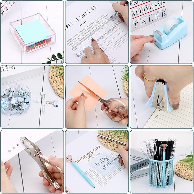 17 in 1 Blue Desk Organizers and Accessories Set, 3 Office Desk Supplies Storage Organization, 4 Pens, Stapler, Staples & Remover, Tape & Dispenser, Scissors, Ruler, Clips, Hole Punch, Back to School - Image 5