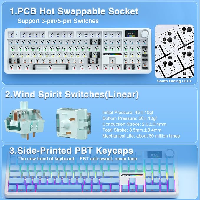 AULA F108 PRO - Wireless Mechanical Keyboard with Screen&Knob,Hot Swappable Gaming Keyboard with 8000mAh Battery,Pre-lubed Switches,RGB Backlit,PBT Keycaps Creamy Sounding Computer Keyboards,104 Keys - Image 5