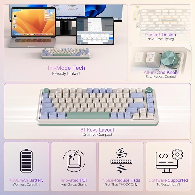 Redragon K673 PRO Wireless 81-Key RGB Gasket Gaming Keyboard, Scroll Knob | Multi-Function Control Wheel, 0-Delay Tri-Mode, Cushioned 5-Layer Noise Dampening for Creamy Thocky Sound, Compact 80% Size - Image 2