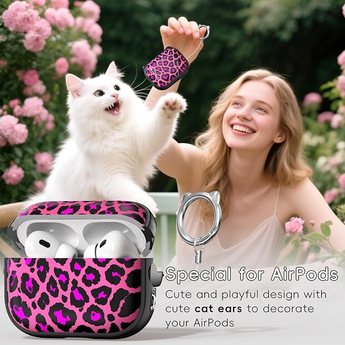 for AirPods Pro 2 Case with Cleaning Kit, Cute Cat Ear Print Design & Cute Buckle for Girls, Phone Holder & Top Safe Lock Buckle Design for AirPods Pro 2nd/1st Gen case, Rose Leopard - Image 3