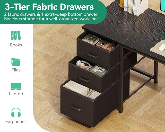 AODK 63 Inch Computer Desk with Drawers & USB Power Outlets | Reversible Home Office Desk with Storage Shelves, Work from Home, Modern Work/Writing/Study Table for Bedroom, Black - Image 5
